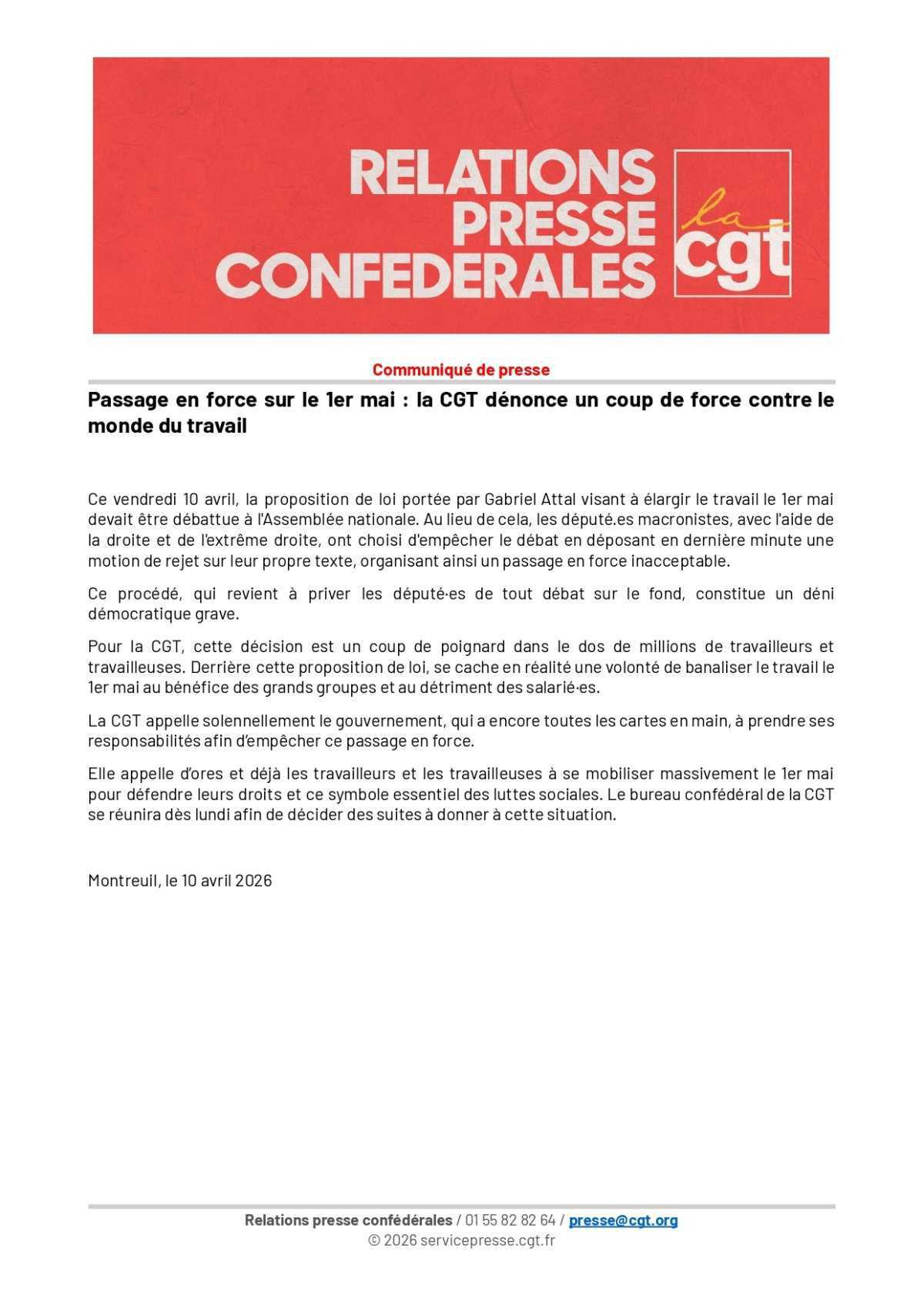 Passage en force sur le 1er mai : la CGT dénonce un coup de force contre le monde du travail