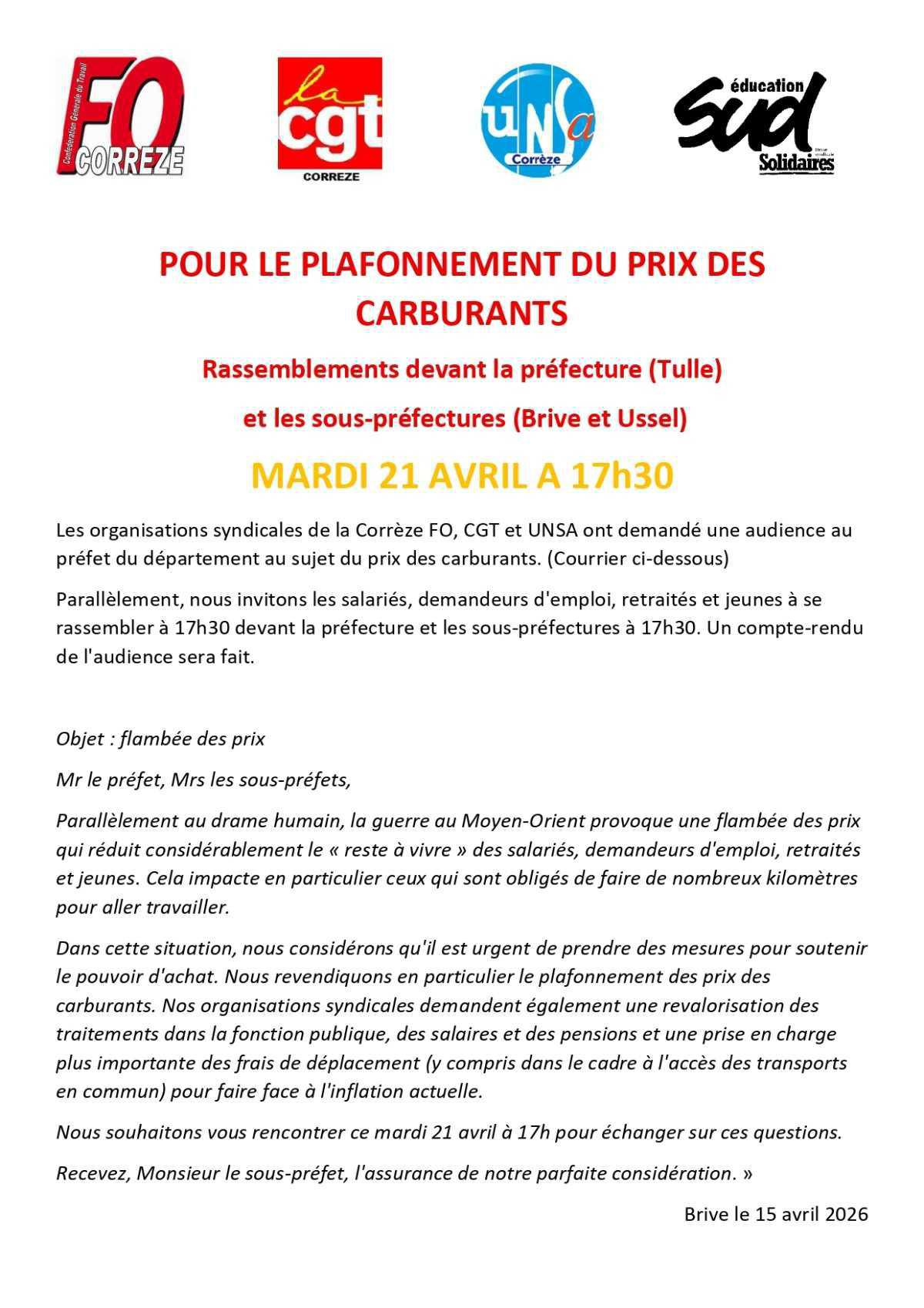 Mobilisation intersyndicale contre la flambée des prix