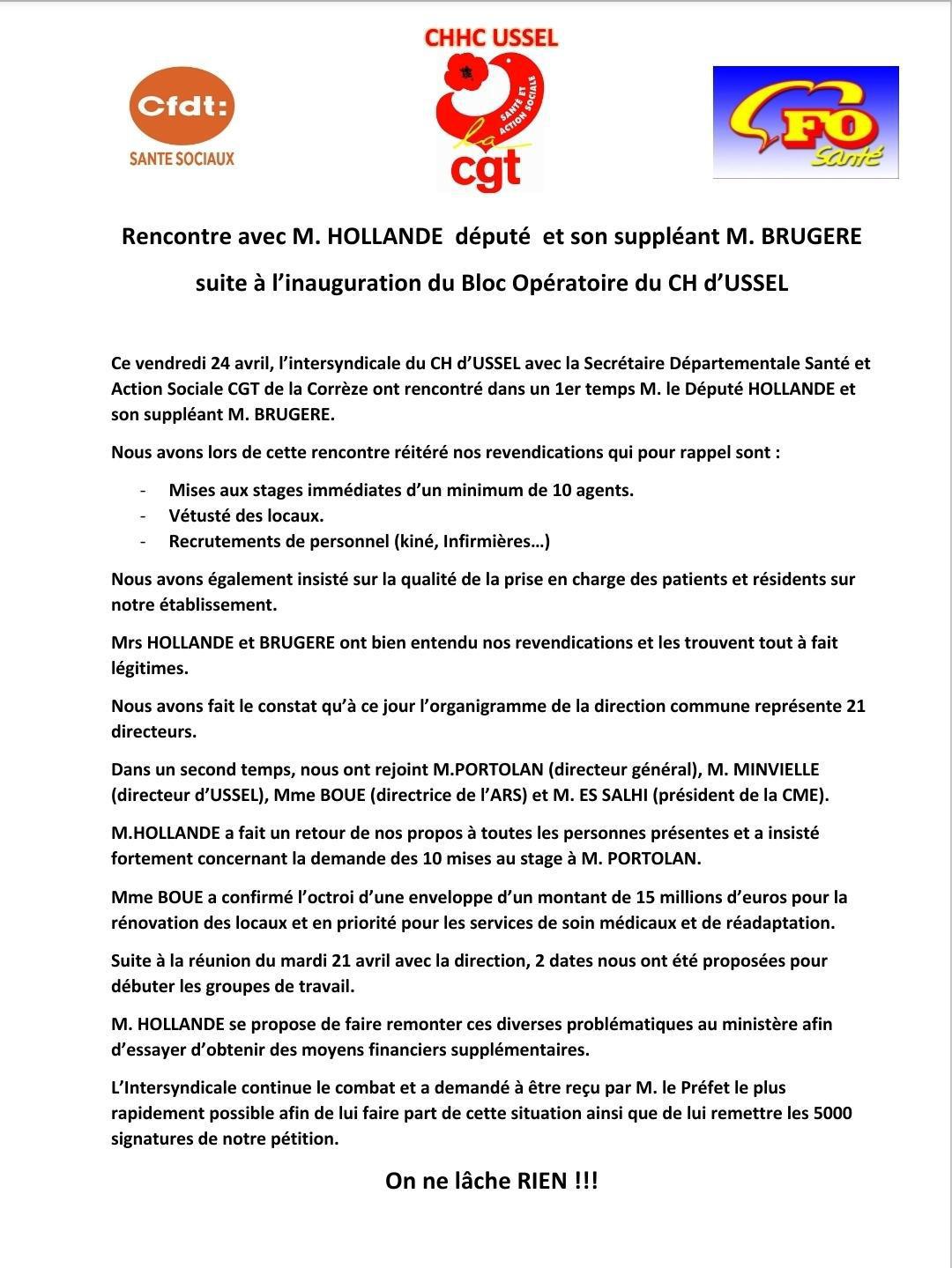 CH Ussel : Rencontre entre l'intersyndicale et le Député Hollande