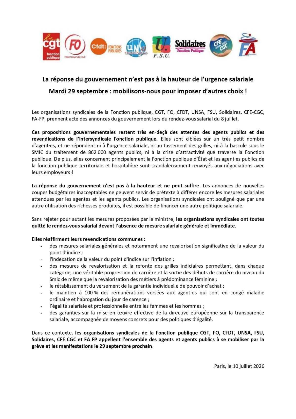 Mobilisation du 29 septembre dans les services publics