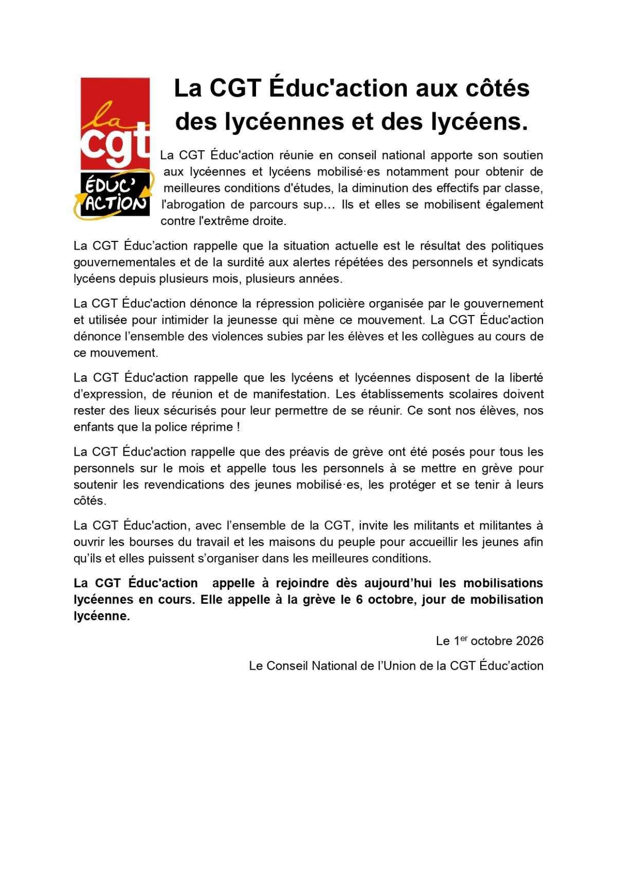 06/10 Mobilisation de soutien aux côtés des lycéennes et des lycéens 06/10 Mobilisation de soutien aux côtés des lycéennes et des lycéens