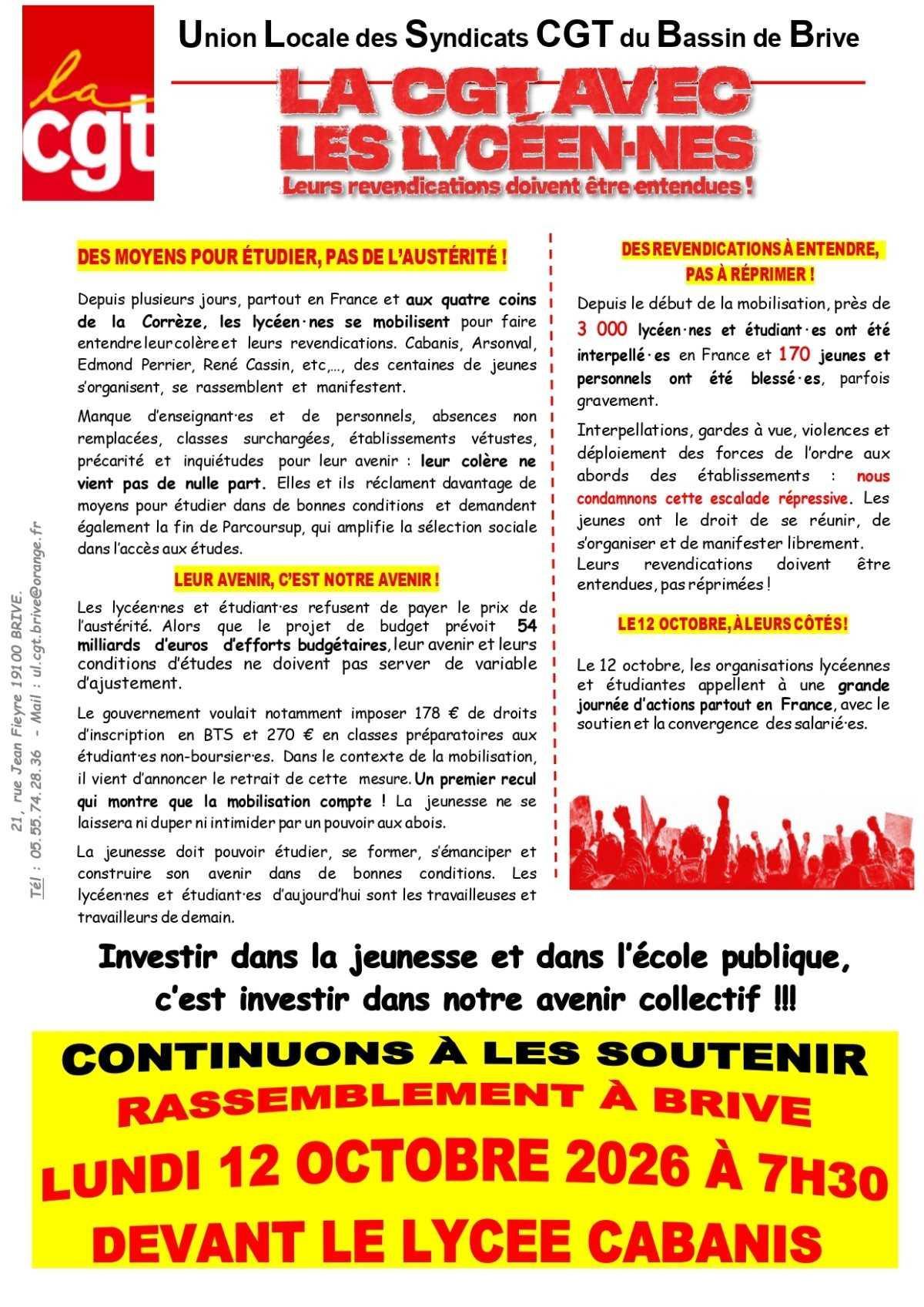 12/10 Mobilisation de soutien aux côtés des lycéennes et des lycéens de Brive Cabanis 12/10 Mobilisation de soutien aux côtés des lycéennes et des lycéens de Brive Cabanis