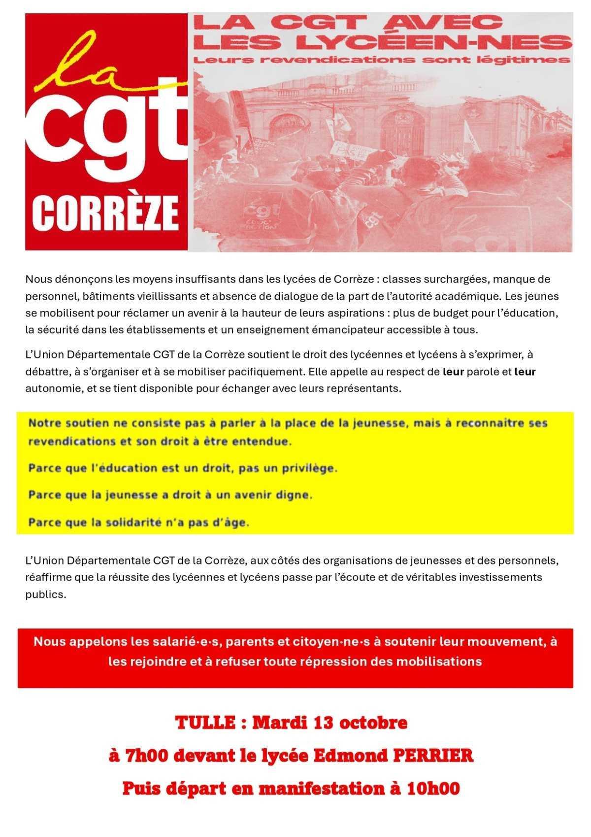 13/10 Mobilisation de soutien aux côtés des lycéennes et des lycéens de Tulle