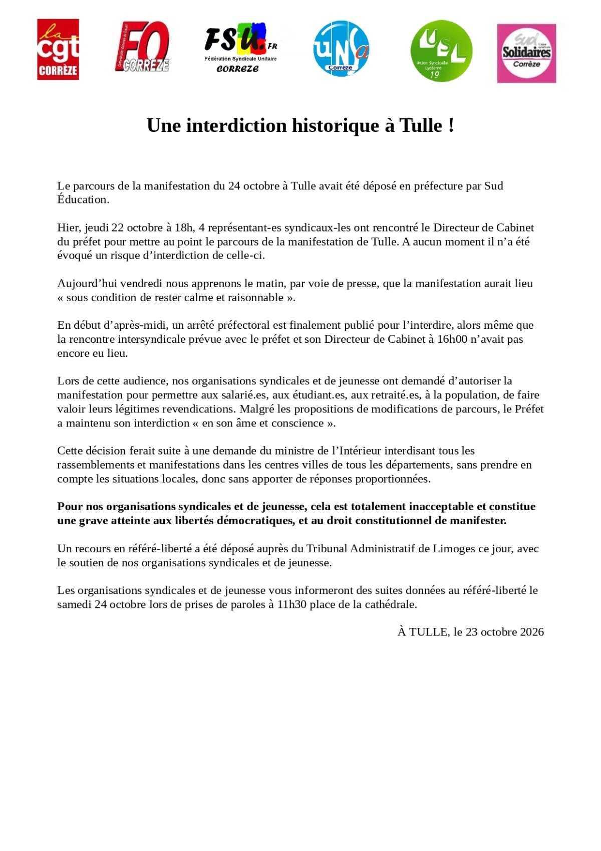 24/10 Acte 2 empêché par la préfecture : Interdiction de se rassembler et de manifester 24/10 Acte 2 empêché par la préfecture : Interdiction de se rassembler et de manifester