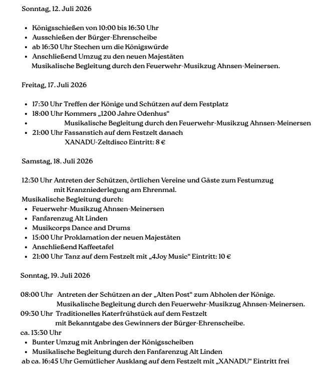 Schützenfest Ahnsen 2025 Das Programm