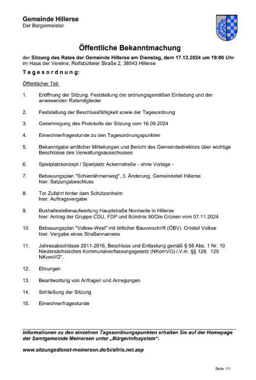 Öffentliche Gemeinderatssitzung Hillerse