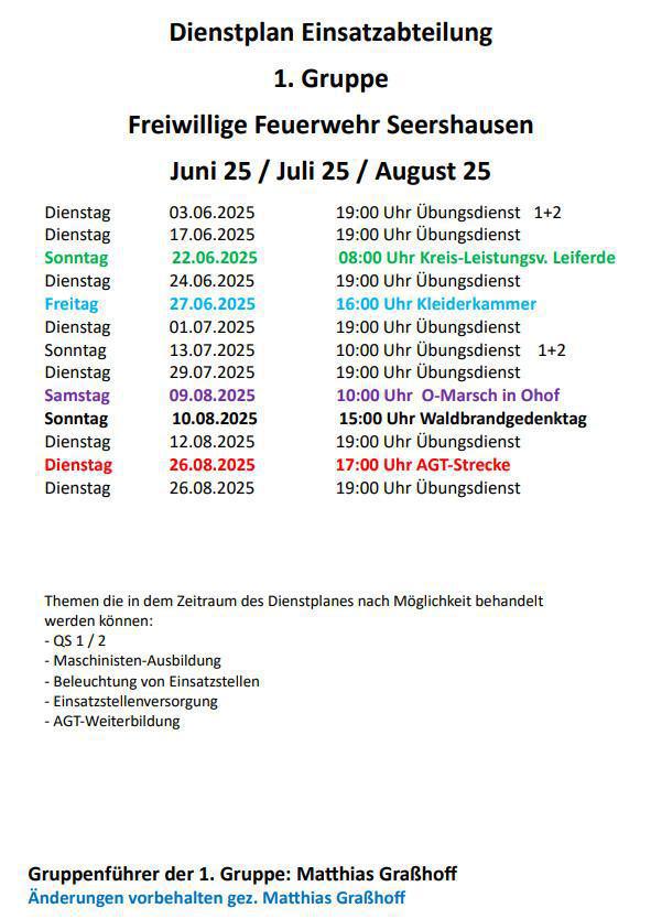 FW Seershausen: Informationen und DP für Juni - Aug 25