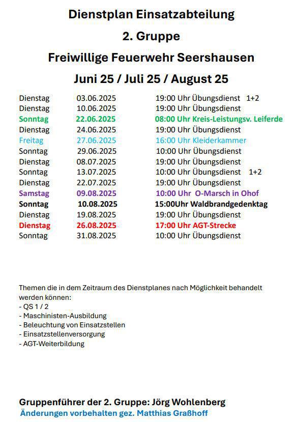 FW Seershausen: Informationen und DP für Juni - Aug 25