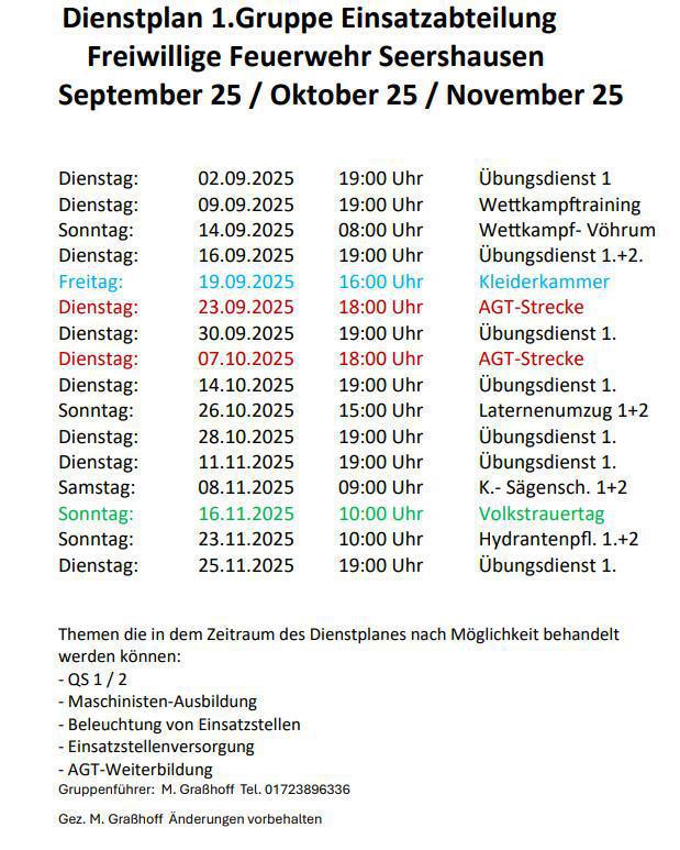 FW Seershausen: Informationen und DP für Sep - Nov 25