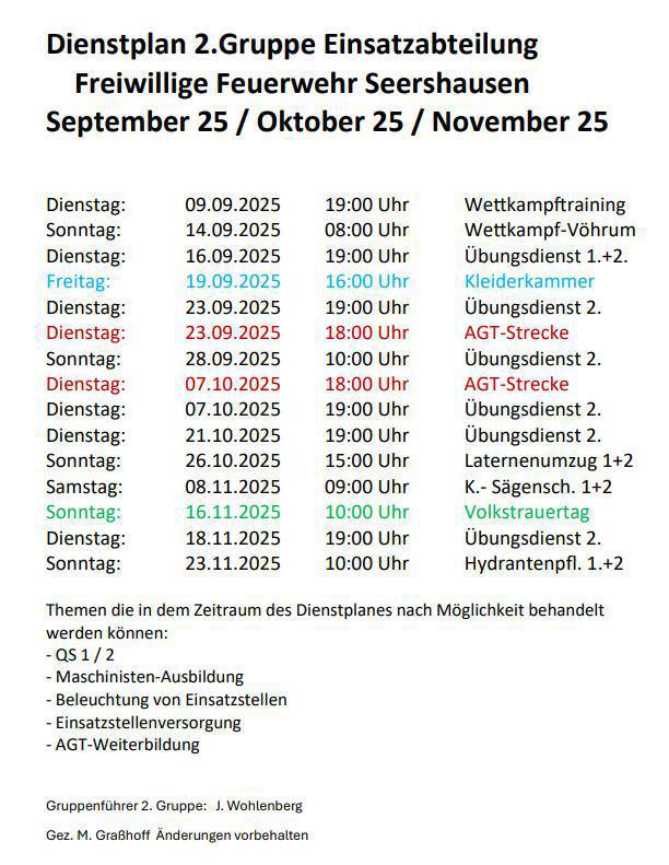 FW Seershausen: Informationen und DP für Sep - Nov 25