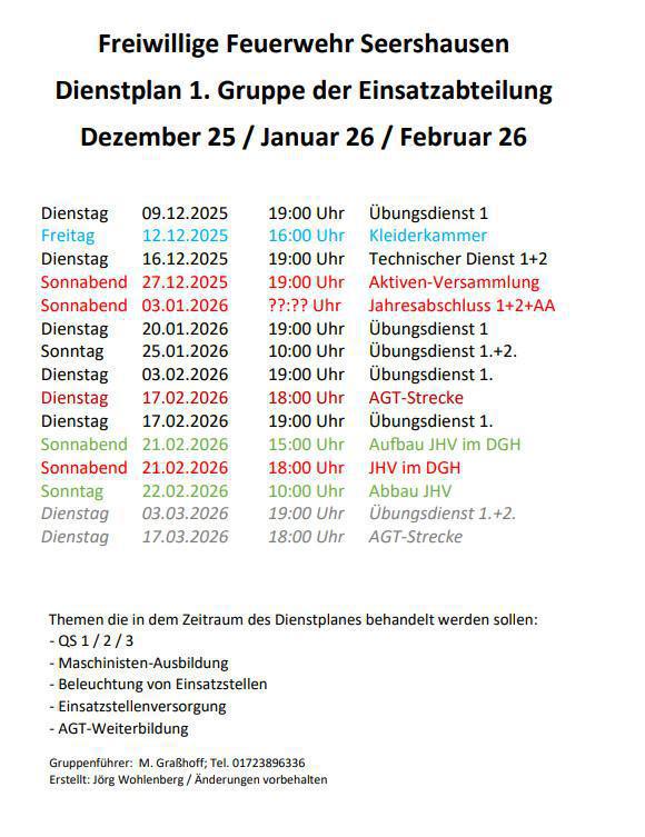 FW Seershausen: Informationen und DP für Dez 25 - Feb 26