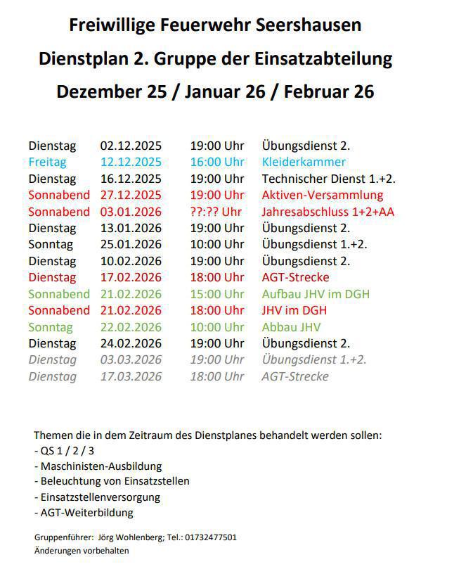 FW Seershausen: Informationen und DP für Dez 25 - Feb 26
