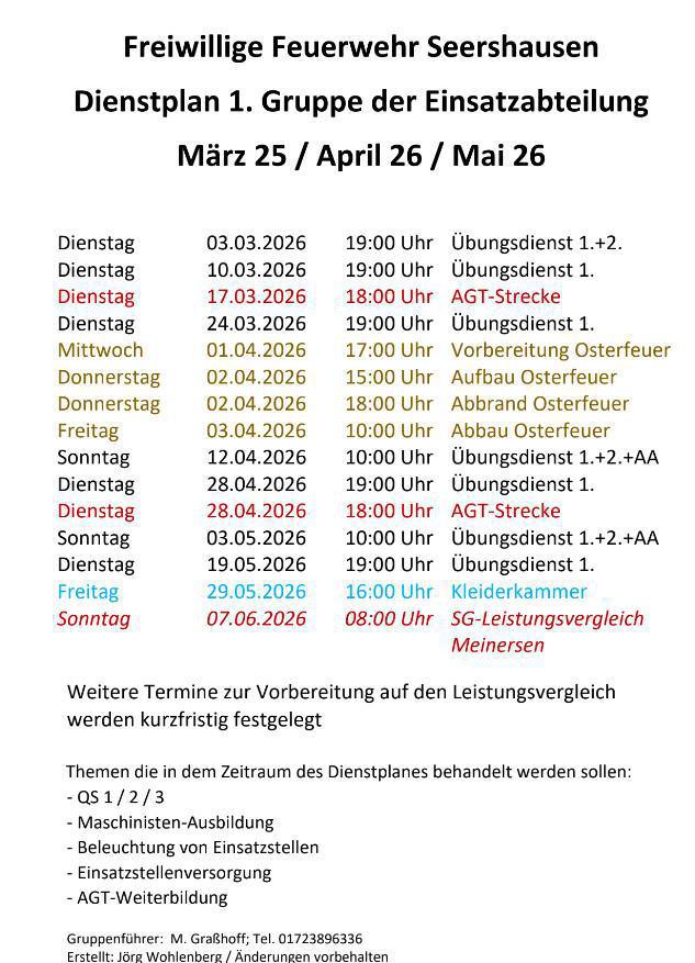 FW Seershausen: Informationen und DP für März 26 - Mai 26 FW Seershausen: Informationen und DP für März 26 - Mai 26