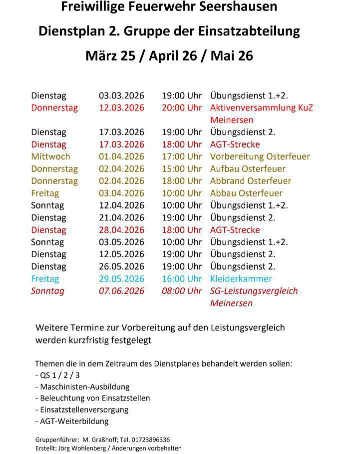 FW Seershausen: Informationen und DP für März 26 - Mai 26