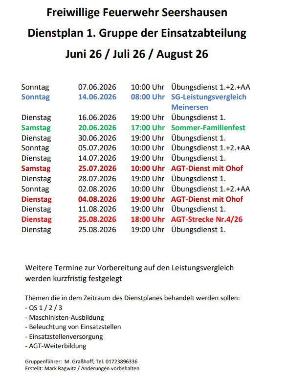 FW Seershausen: Informationen und DP für Juni 26 - August 26