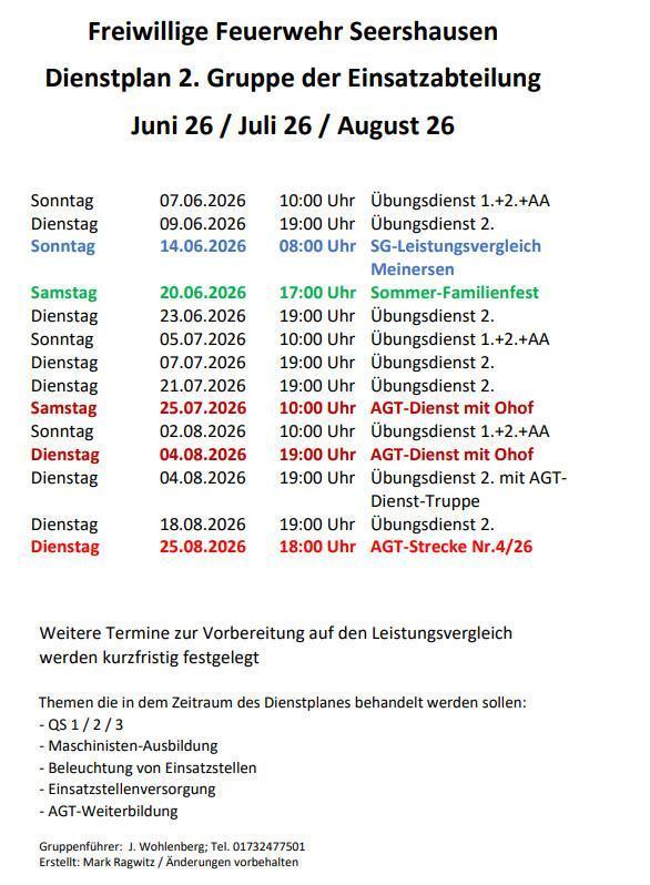 FW Seershausen: Informationen und DP für Juni 26 - August 26