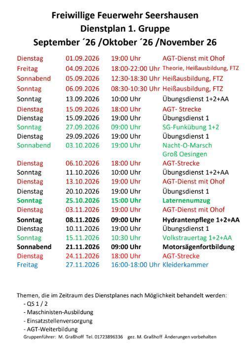 FW Seershausen: Informationen und DP für September und Oktober 26 FW Seershausen: Informationen und DP für September und Oktober 26