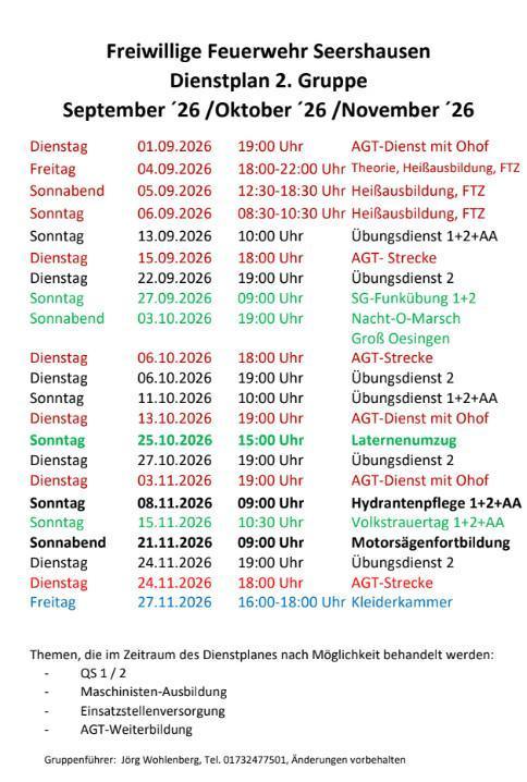 FW Seershausen: Informationen und DP für September und Oktober 26 FW Seershausen: Informationen und DP für September und Oktober 26
