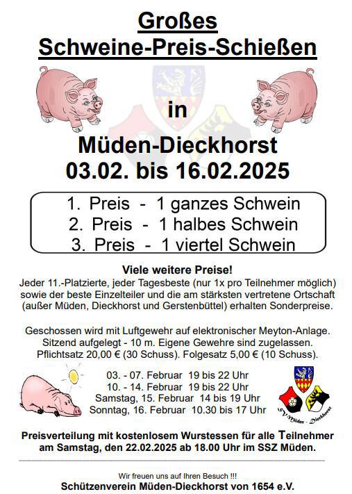 Schützenverein Müden: Großes Schweine-Preis-Schießen