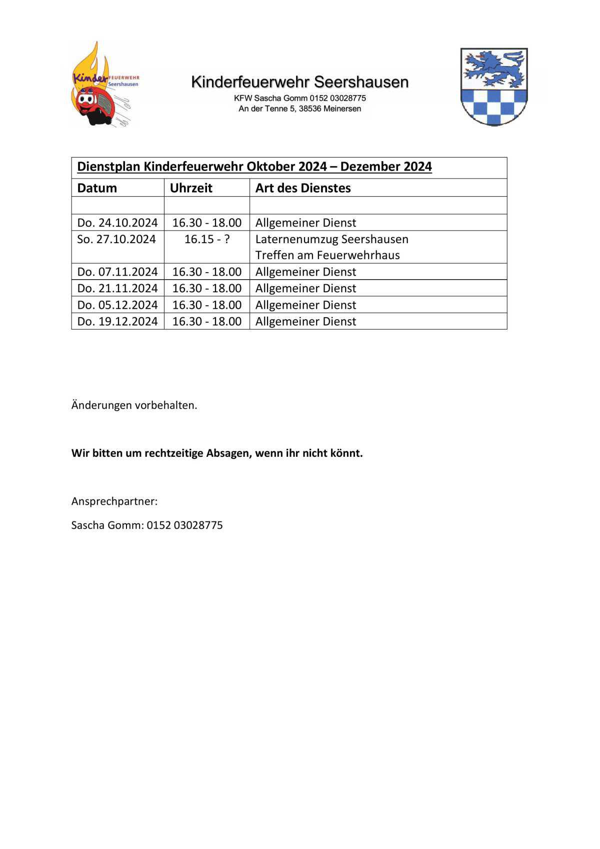 Dienstplan Kinderfeuerwehr Seershausen Oktober 2024 – Dezember 2024