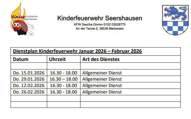 Werde ein Teil der Kinderfeuerwehr Seershausen (Dienstplan Jan-Feb)