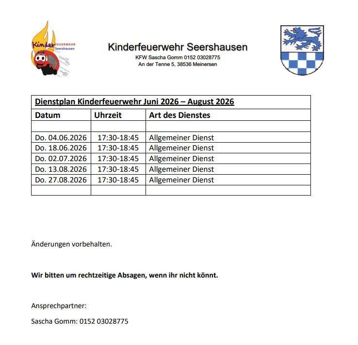 Werde ein Teil der Kinderfeuerwehr Seershausen (Dienstplan Juni-August)
