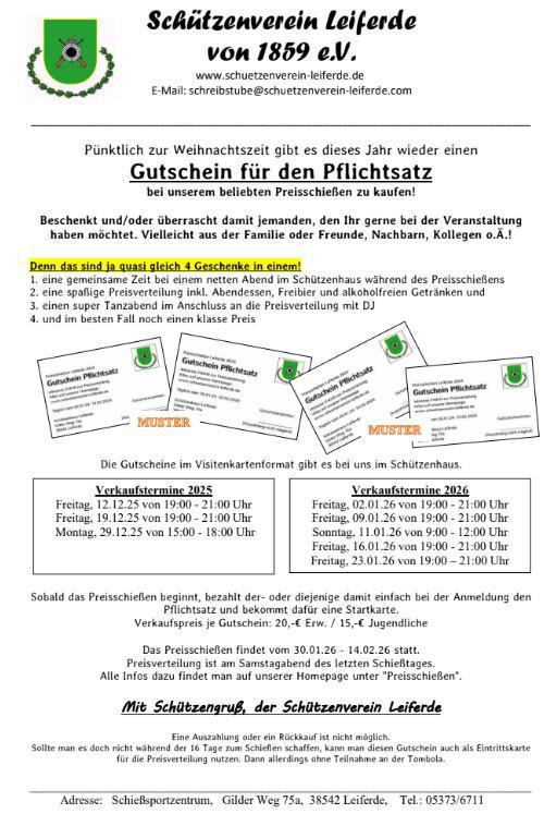 Schützenverein Leiferde – Weihnachtsinfo & Gutscheinaktion Schützenverein Leiferde – Weihnachtsinfo & Gutscheinaktion