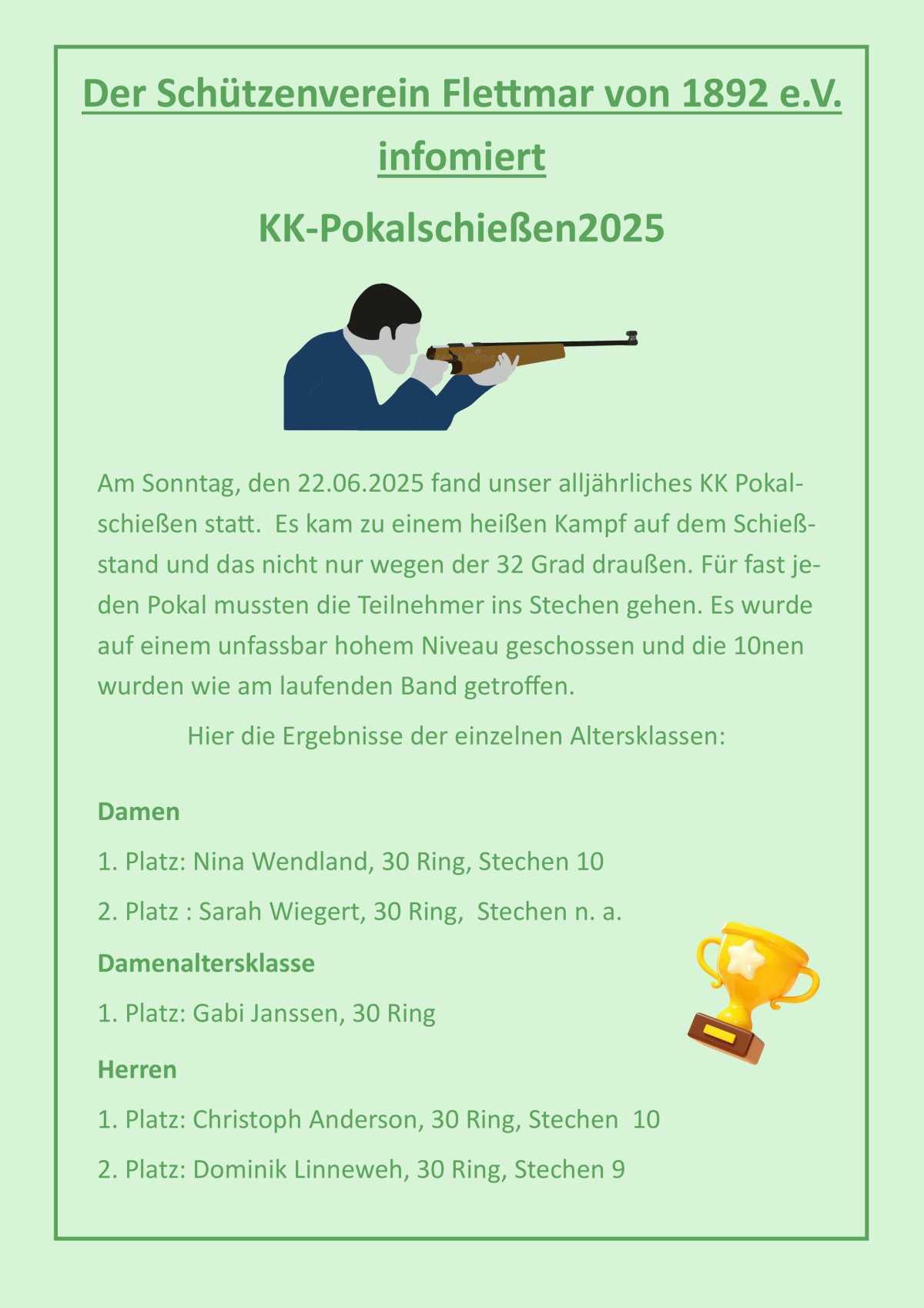 Der Schützenverein Flettmar informiert: KK Pokalschießen 2025