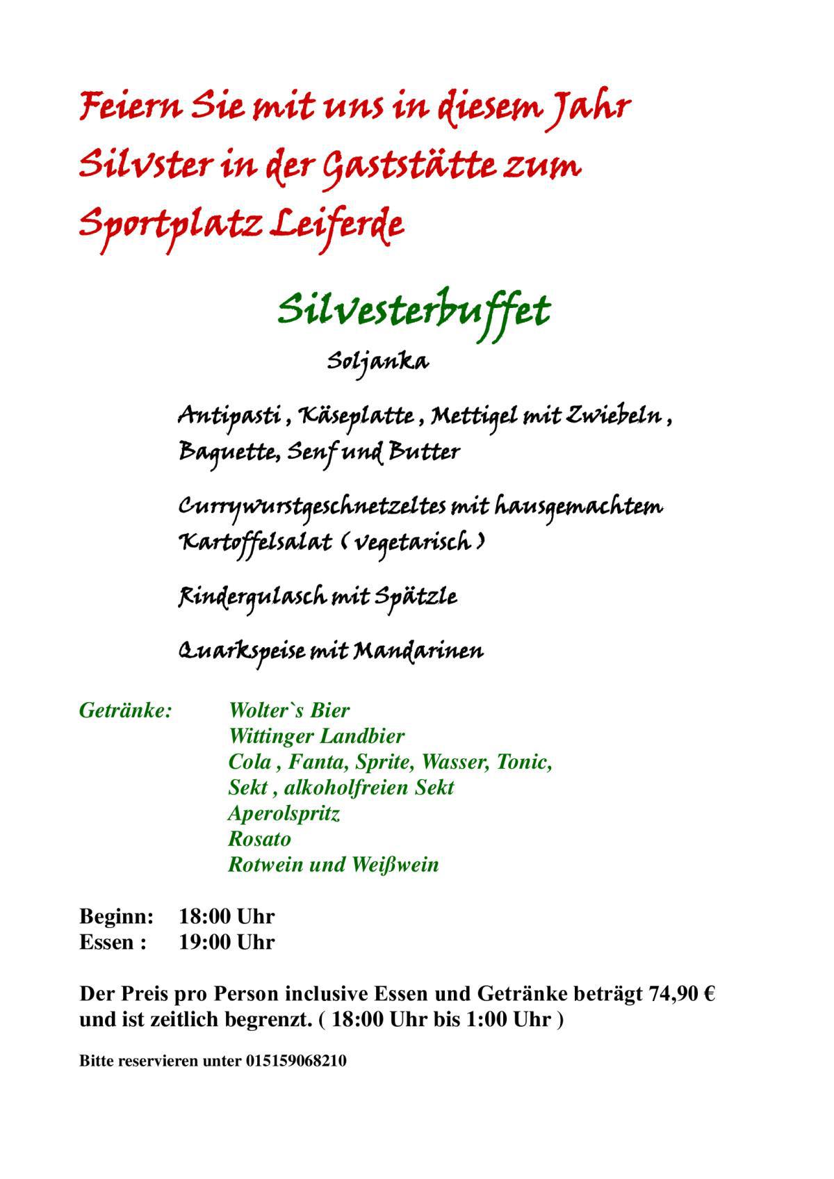 Silvester feiern in der Gaststätte zum Sportplatz Leiferde – Exklusives Buffet, Getränke und gute Stimmung!