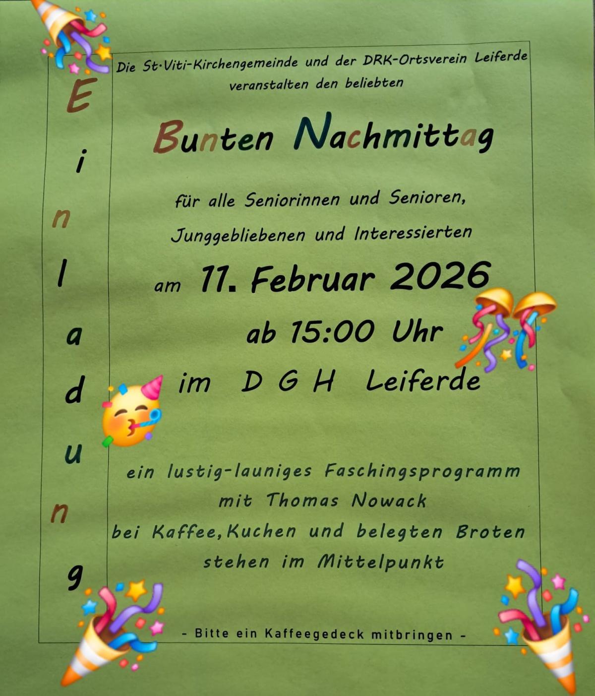 Ankündigung: Bunter Nachmittag für alle Senior/innen am 11.02.26