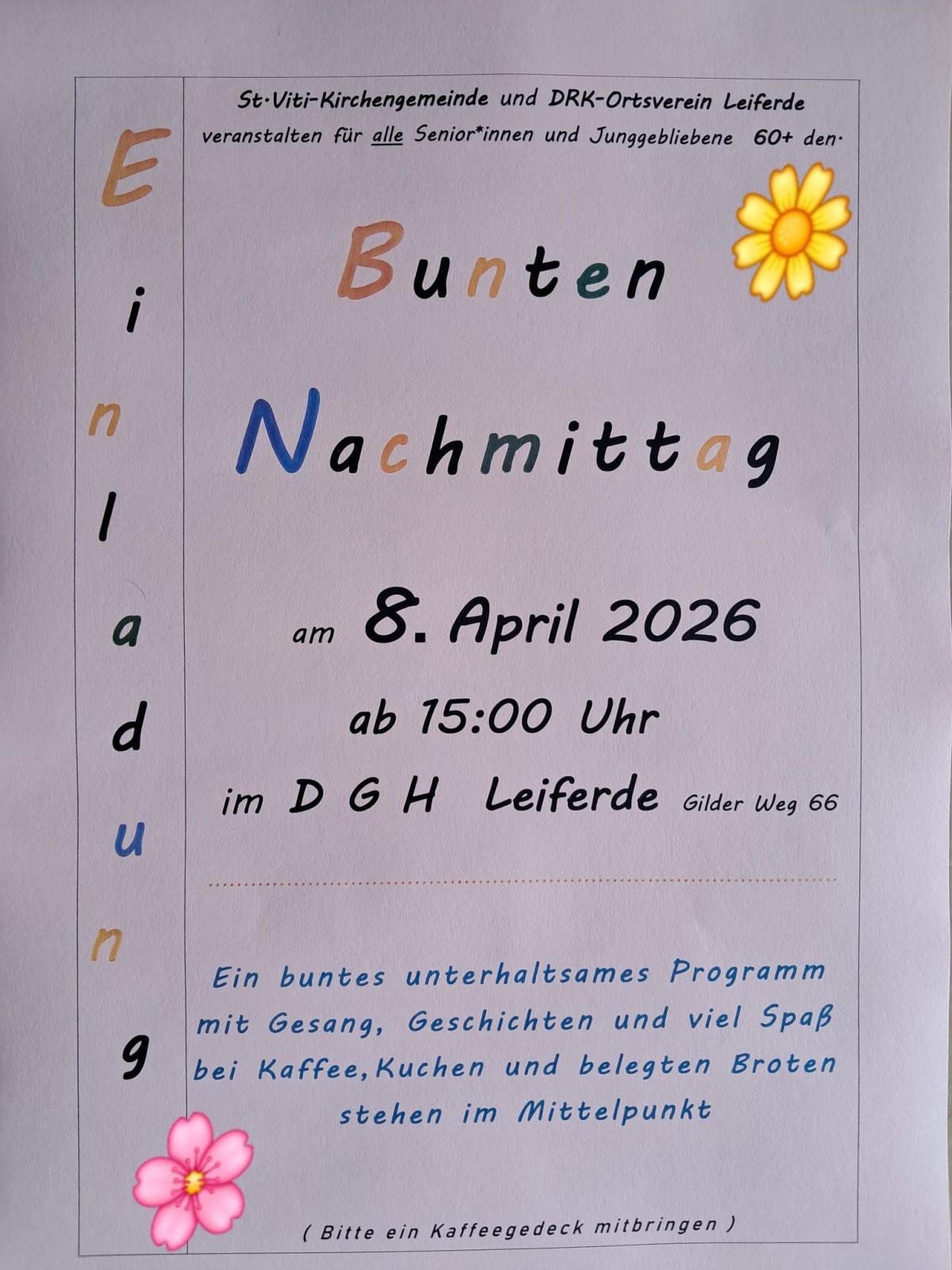 Leiferde: Bunter Nachmittag für alle Senior/innen am 08.04.26