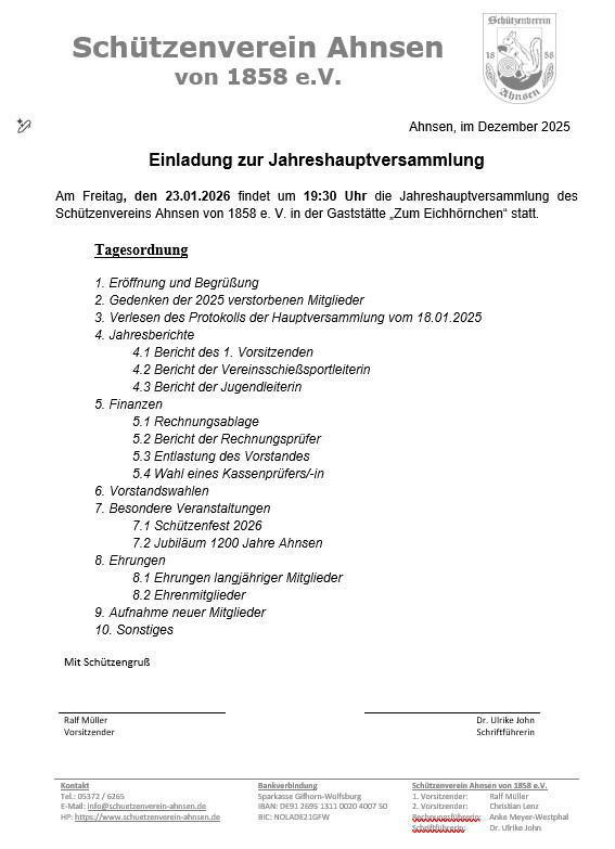 Schützenverein Ahnsen lädt zur JHV am 23.01.26