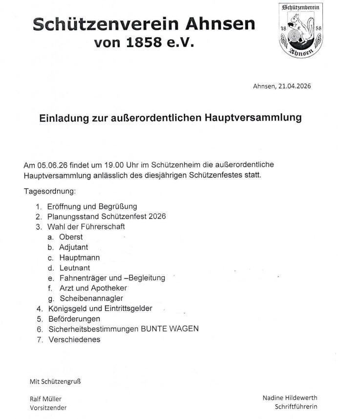 Schützenverein Ahnsen lädt zur außerordentlichen Hauptversammlung am 05.06.2026