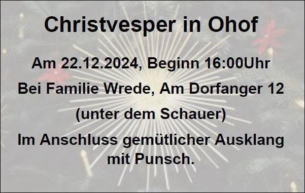 Ankündigung: Christvesper in Ohof am 22.12.24