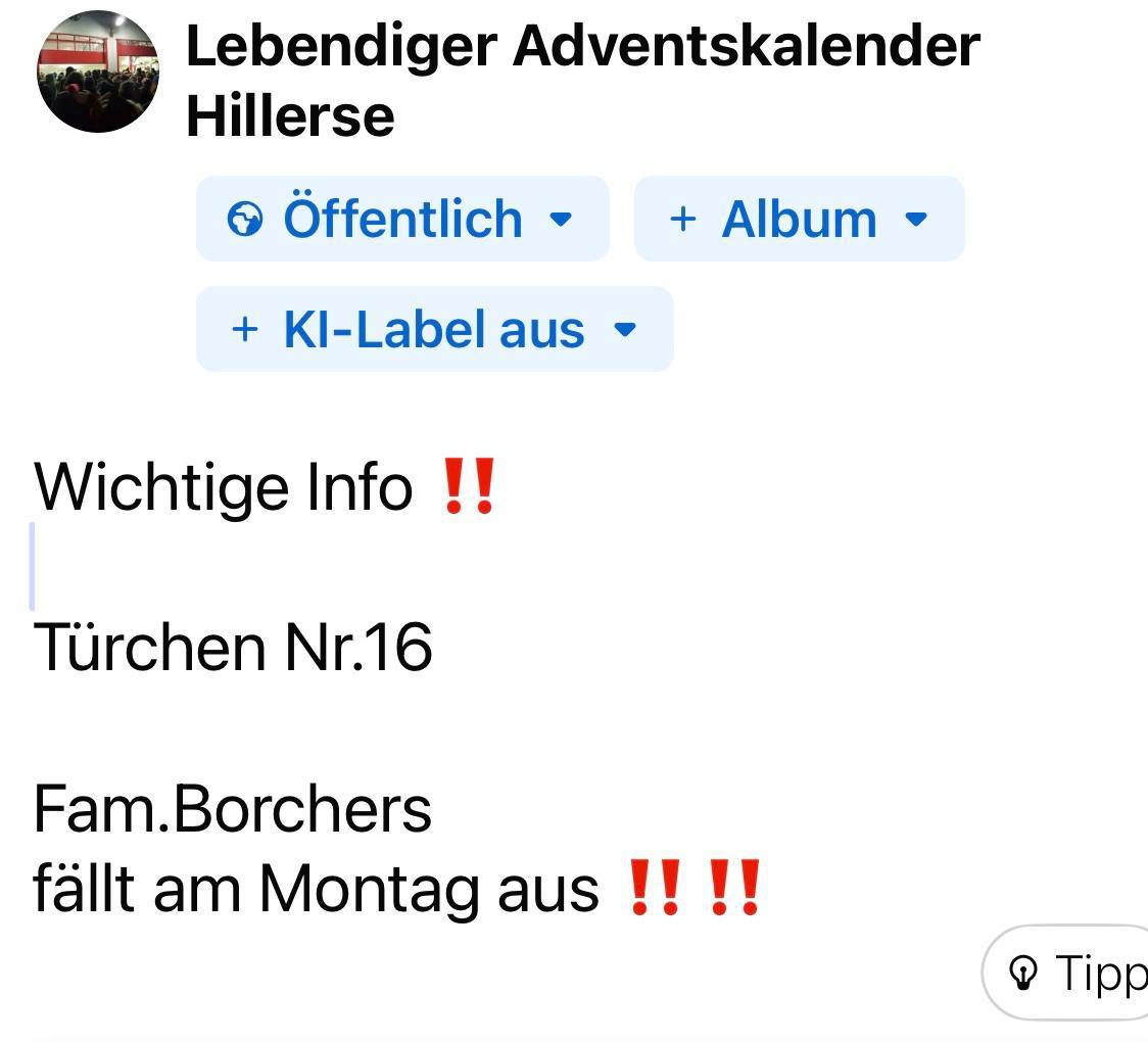 Lebendiger Adventskalender Hillerse "Absage am 16.12.24"