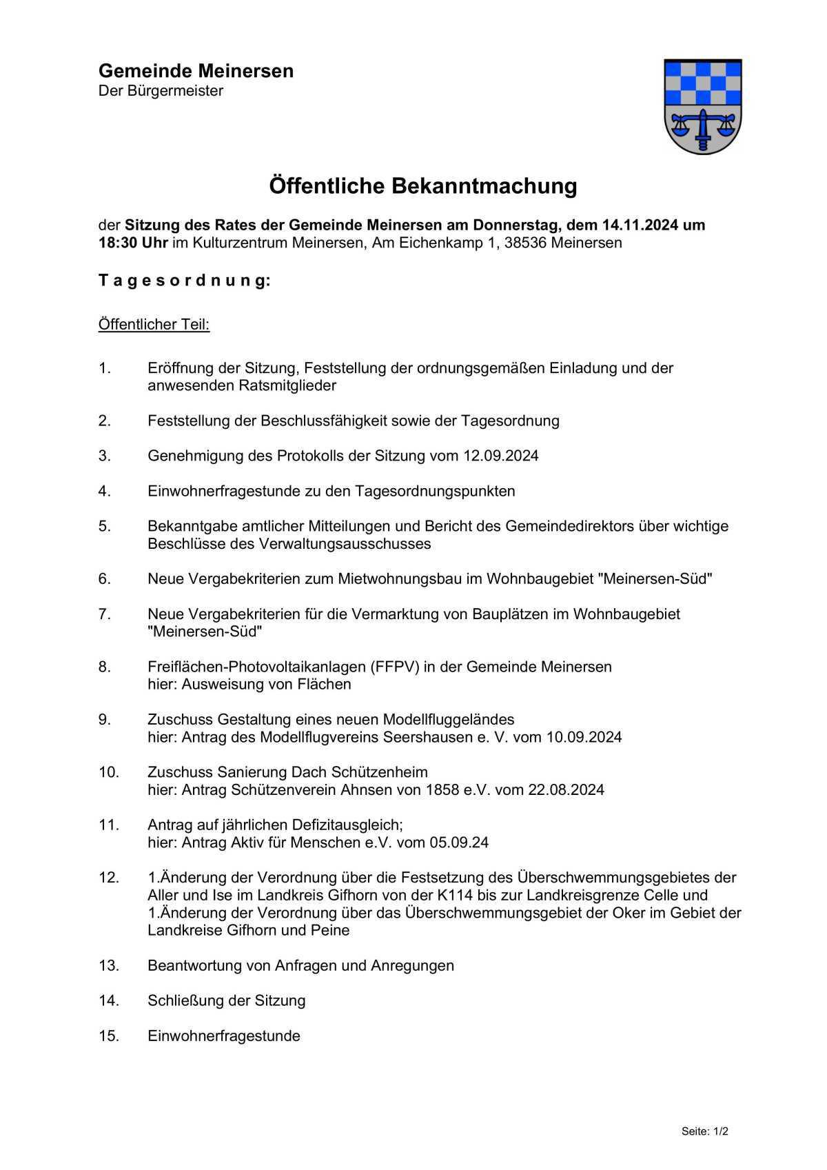 Bericht von der letzten Ratssitzung der Gemeinde Meinersen am 14.11.2024 Bericht von der letzten Ratssitzung der Gemeinde Meinersen am 14.11.2024