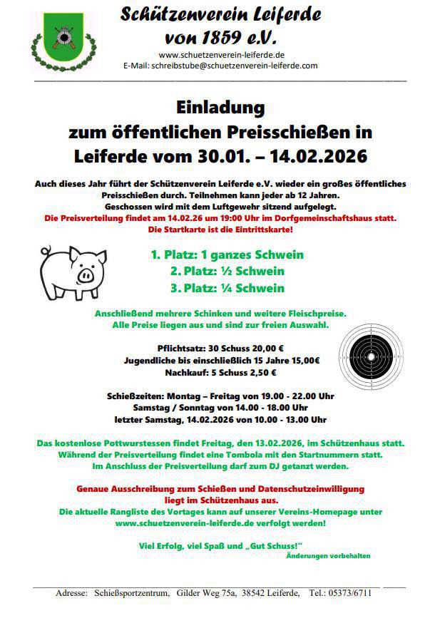Ankündigung: Preisschießen in Leiferde