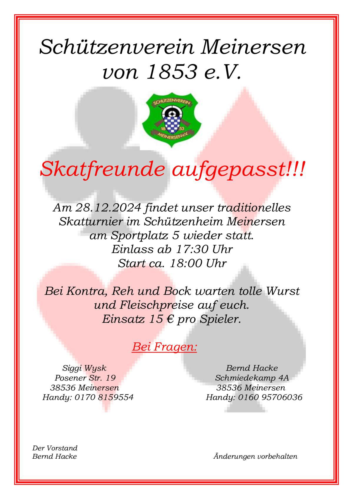 Schützenverein Meinersen lädt zum traditionellen Skatturnier am 28.12.24