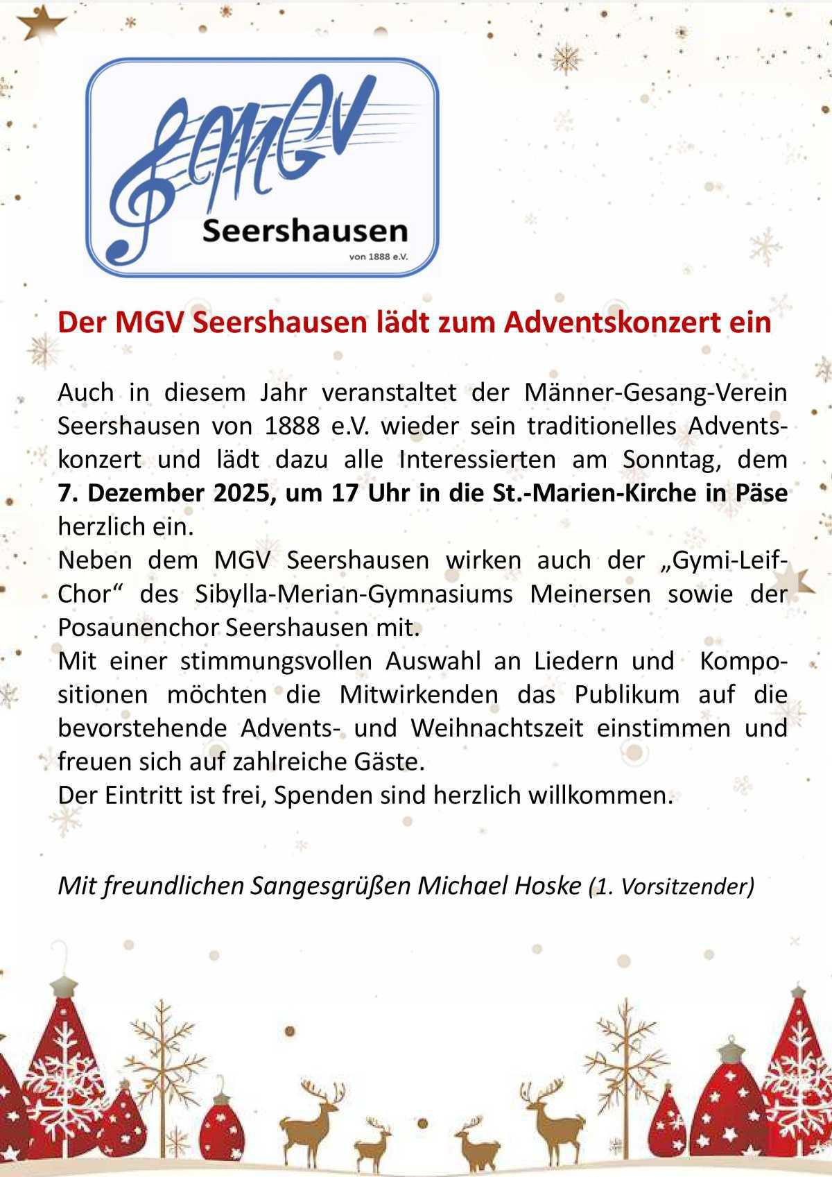 MGV Seershausen lädt zum Adventskonzert am 07.12.25 ein