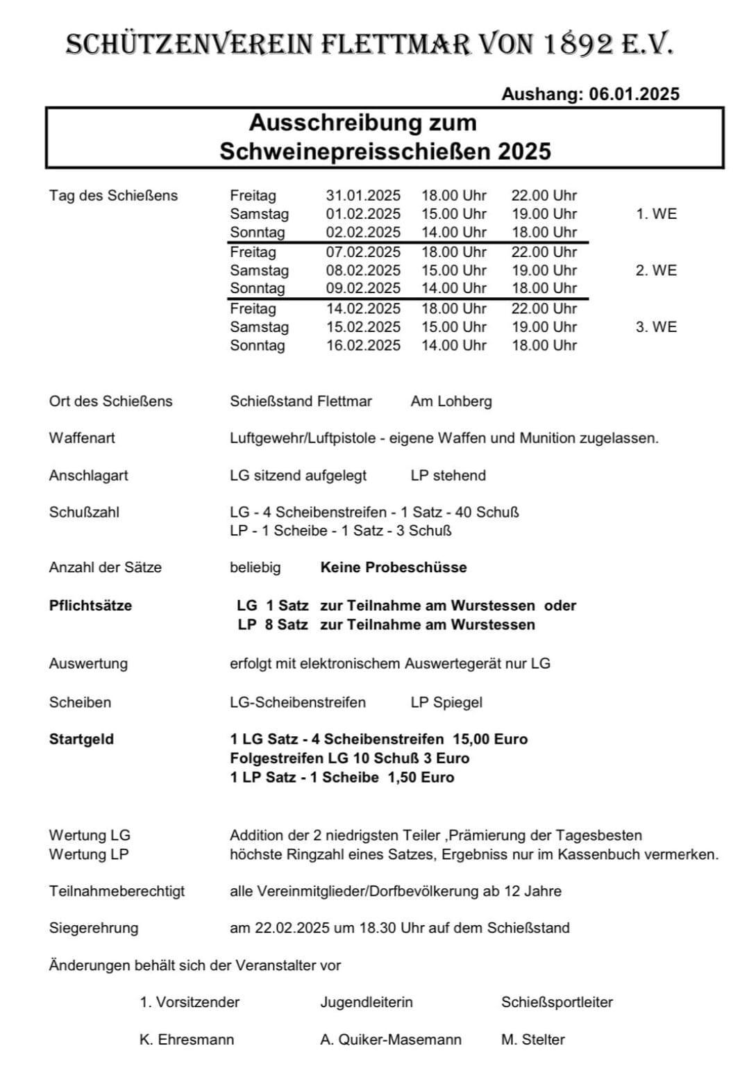 Schützenverein Flettmar lädt zum Schweinepreisschießen 2025