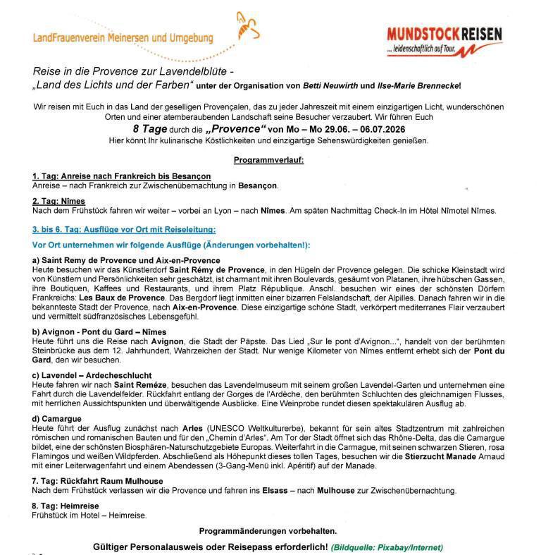 Reiseankündigung der Landfrauen Meinersen und Umgebung