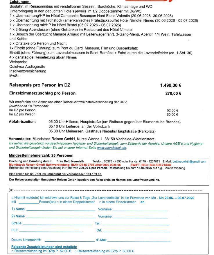 Reiseankündigung der Landfrauen Meinersen und Umgebung