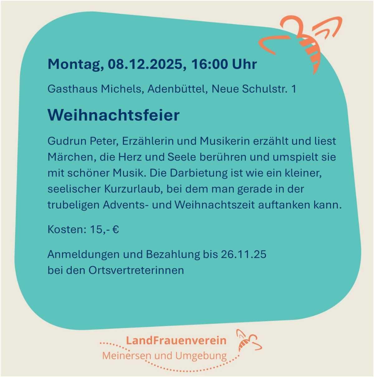 Ankündigungen der Landfrauen Meinersen und Umgebung (Glühwein-Abend, Vortrag und Weihnachtsfeier)