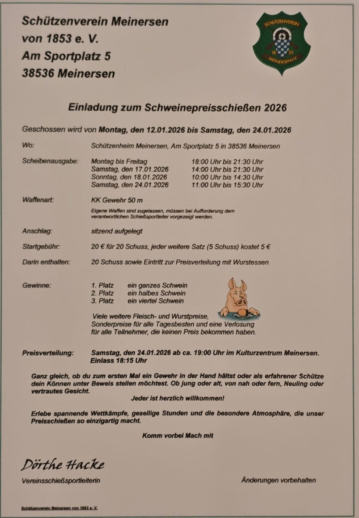 🎯 Hier die Tagesaktuelle Auswertung vom Schweinepreisschießen 2026 vom Schützenverein Meinersen!