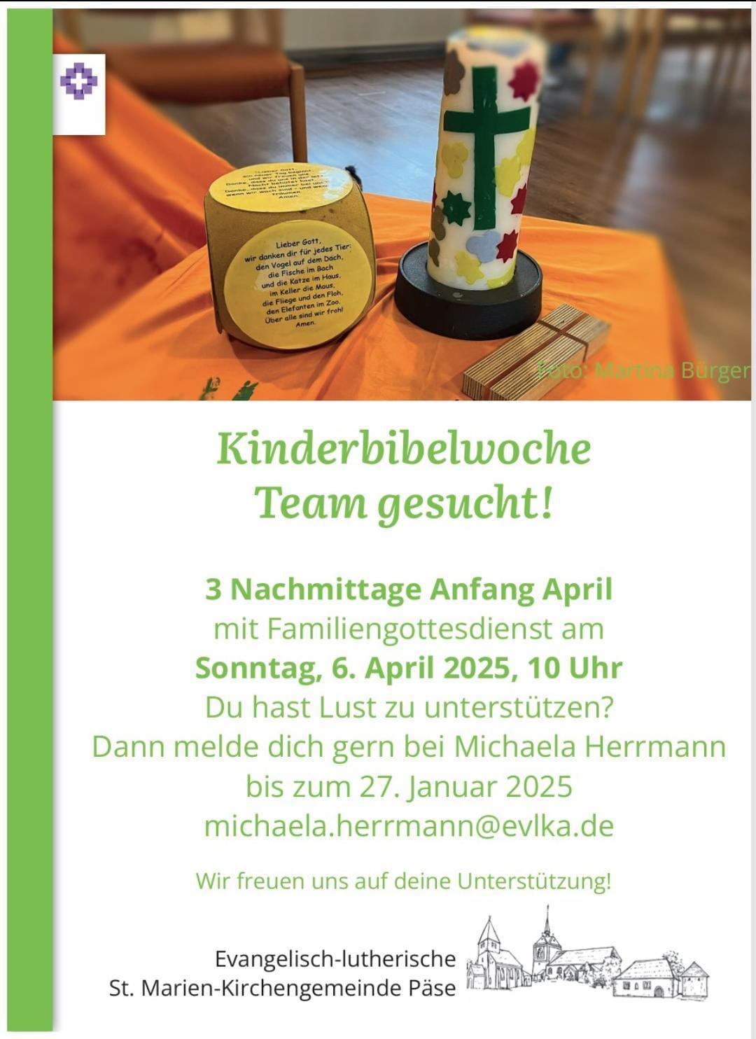 Ankündigung der KG Päse : Kinderbibelwoche - Team gesucht.