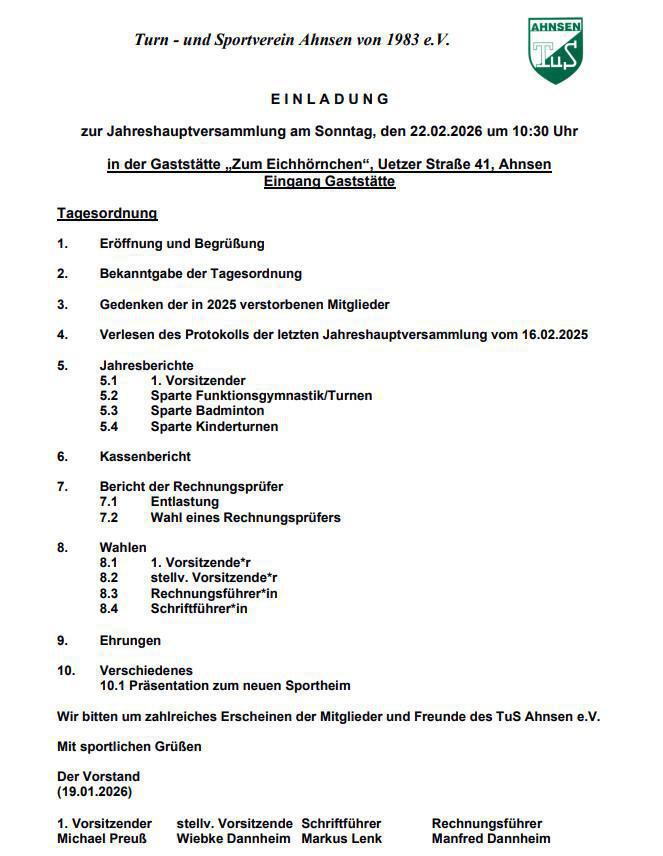 TuS Ahnsen e. V.: Einladung zur JHV