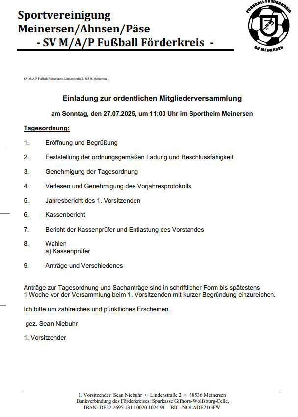 Einladung zur Mitgliederversammlung Fußball-Förderkreis der SV Meinersen/Ahnsen/Päse
