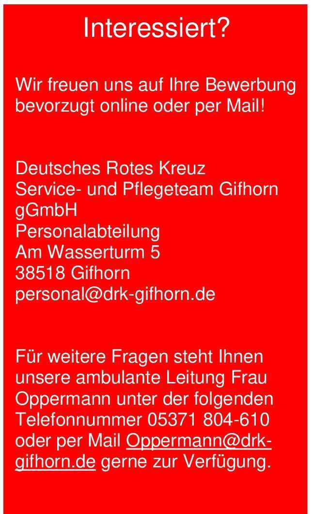 DRK sucht Pflegefachkräfte (m/w/d) in der ambulanten Pflege Gifhorn oder Grußendorf, in Teilzeit