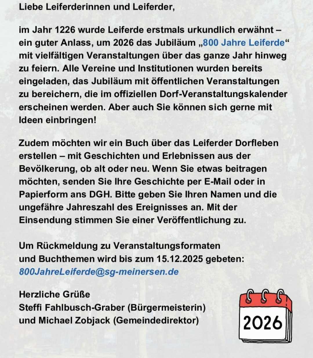 Leiferde feiert 800-jähriges Jubiläum – Geschichten und Ideen der Bürger sind gefragt