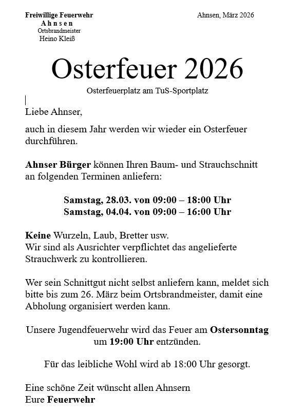 Ahnsen: Osterfeuer am 05.04.2026